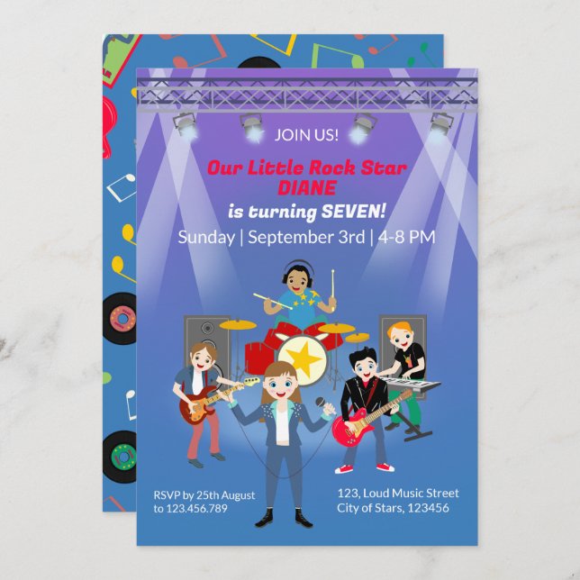 Rock Star Girl Band Birthday Party Invitation (Front/Back)