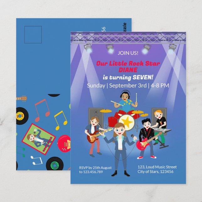 Rock Star Girl Band Birthday Party Postcard (Front/Back)