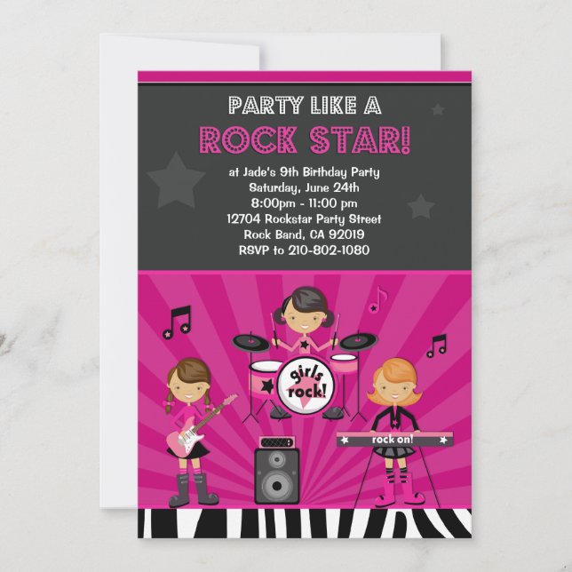 Rock Star Girls Birthday Party Invitation (Front)