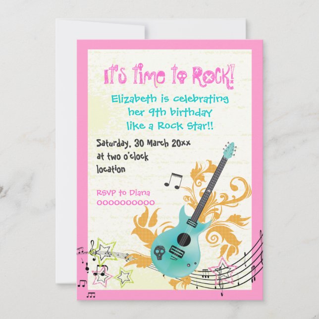 Rock star girly electric guitar girls birthday invitation (Front)