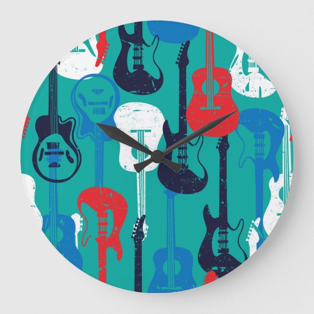 Rock Star: Grunge Guitar Pattern Large Clock (Front)