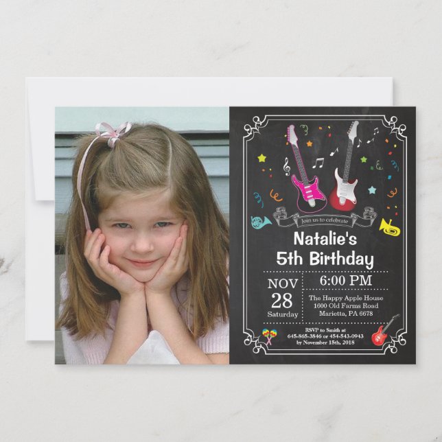 Rock Star Guitar Birthday Invitation Music Girl (Front)