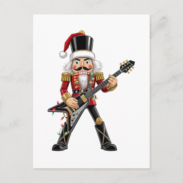 Rock Star Nutcracker Playing Electric Guitar Xmas Postcard (Front)