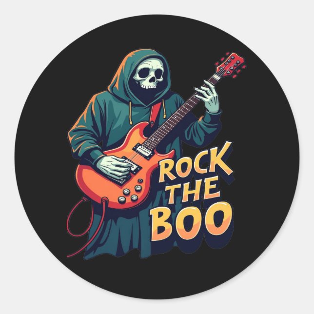 Rock the Boo - Halloween Skeleton Guitar Design Classic Round Sticker (Front)