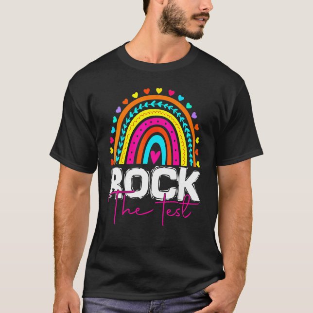 Rock The Test Test Day Teacher Rainbow Leopard Tes T-Shirt (Front)