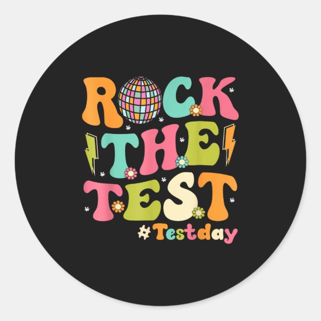 Rock The Test Testing Day Retro Motivational Teach Classic Round Sticker (Front)