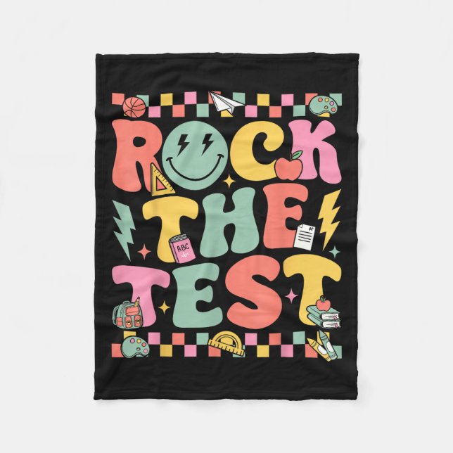 Rock The Test Testing Day Retro Motivational Teach Fleece Blanket (Front)