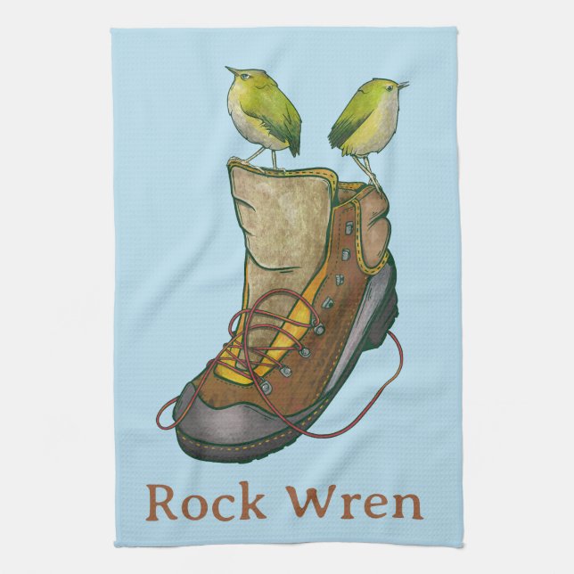 Rock Wren Tuke On a hiking boot Tea Towel (Vertical)