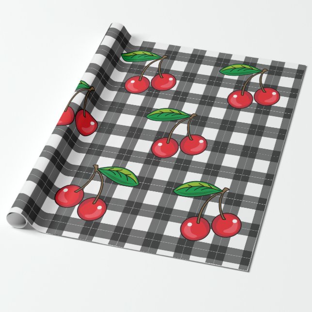 Rockabilly 1950s Cherries on Black White Plaid Wrapping Paper (Unrolled)
