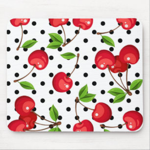 Rockabilly Cherries Polka Dots on White Mouse Pad