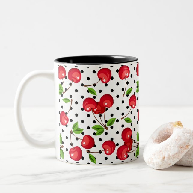 Rockabilly Cherries Polka Dots on White Two-Tone Coffee Mug (With Donut)