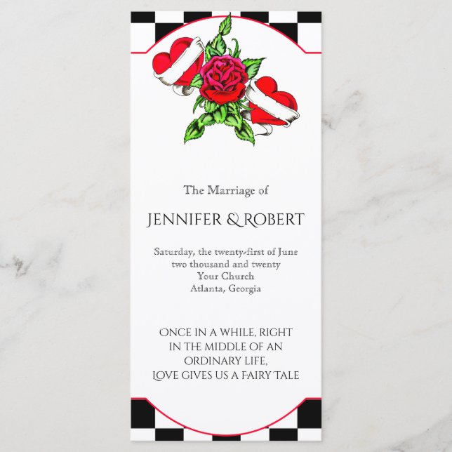 Rockabilly Hearts and Rose Wedding Program (Front)