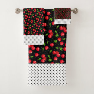 Rockabilly Polka Dots & Cherries on Black Bath Towel Set