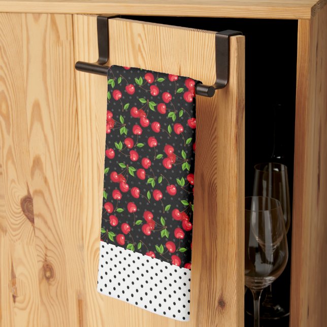 Rockabilly Polka Dots & Cherries on Black Tea Towel (Thirds Fold)