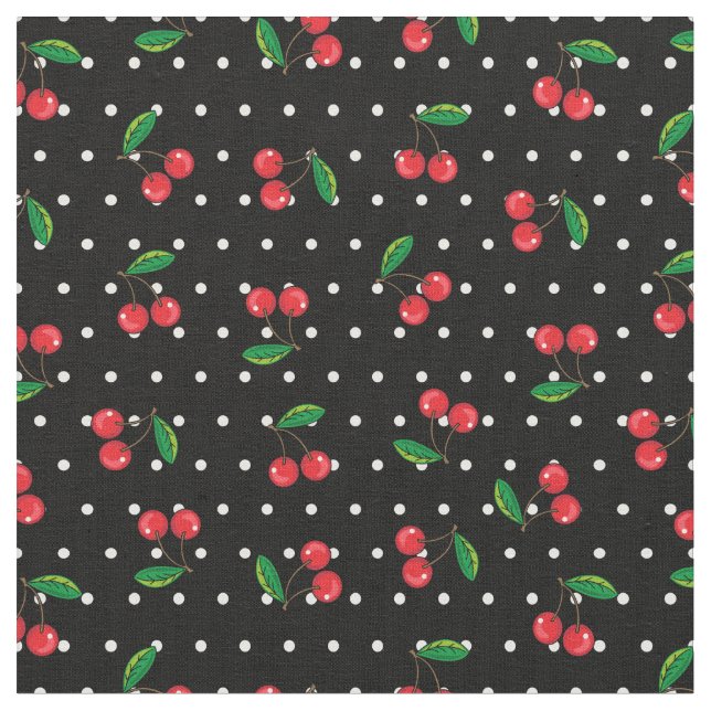 Rockabilly Red Cherries and Polka Dots 50s Pattern Fabric (Close Up)