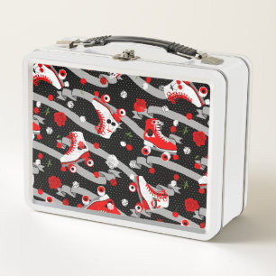 Rockabilly Retro Roller Skating Pattern Metal Lunch Box