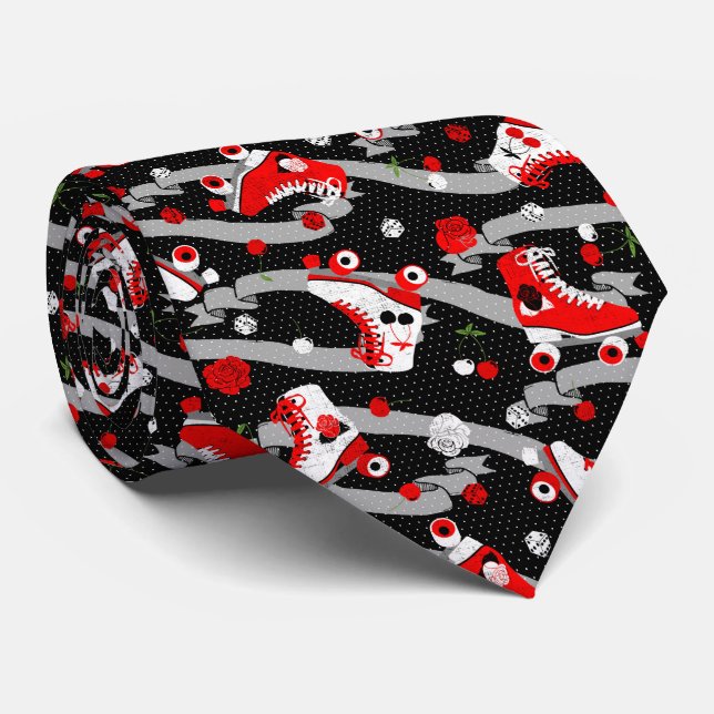 Rockabilly Retro Roller Skating Pattern Tie (Rolled)