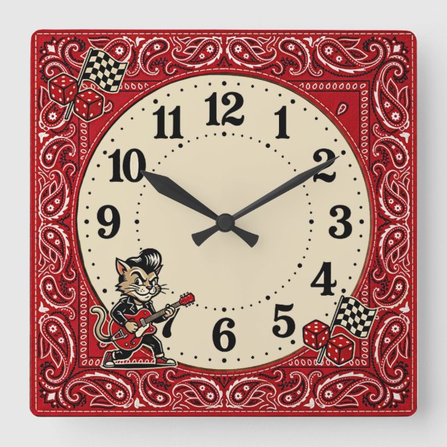 Rockabilly Square Wall Clock (Front)