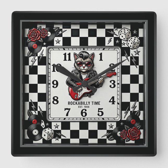 Rockabilly Square Wall Clock (Front)