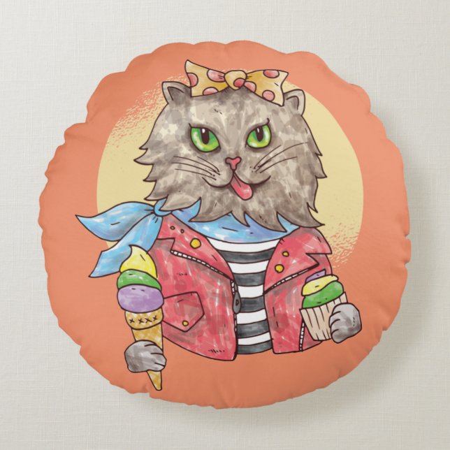 Rockabilly-Style Cat Round Cushion (Front)