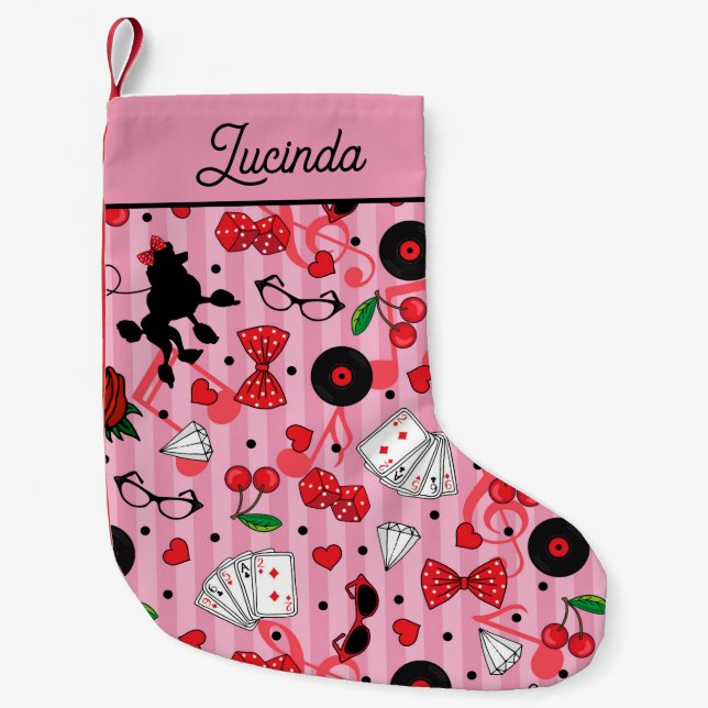 Rockabilly Themed Pink Retro 50s Patterned Small Christmas Stocking (Front)