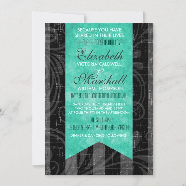 Rockabilly Wedding Invitation Grey & Black Stripes (Front)