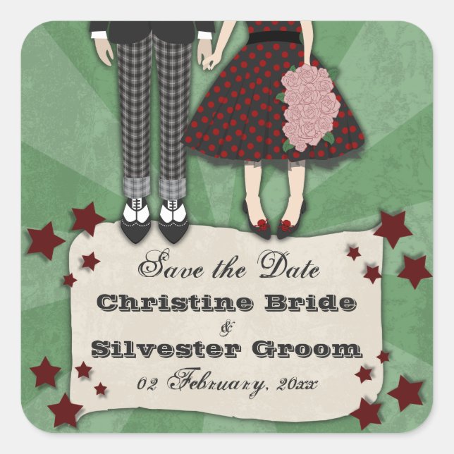 Rockabilly Wedding, save the date Square Sticker (Front)
