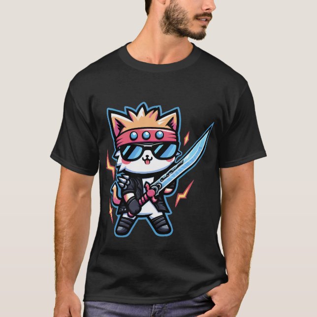 Rocker Cat with Black Glasses and Sword in Style T-Shirt (Front)