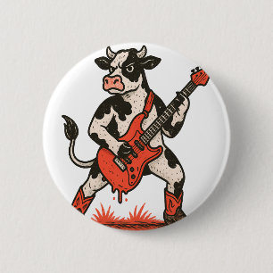 Rocker Cow , Cow Playing Guitar 6 Cm Round Badge