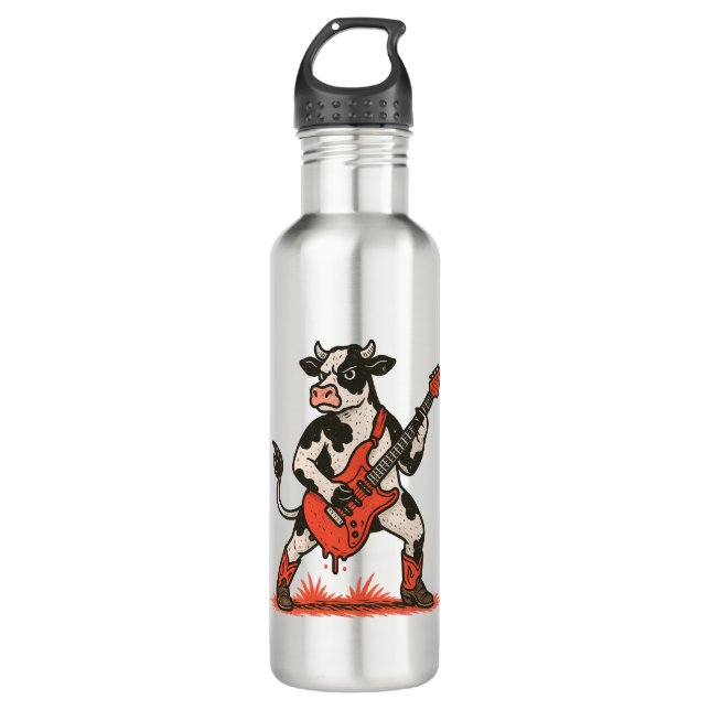 Rocker Cow PNG, Cow Playing Guitar 710 Ml Water Bottle (Front)