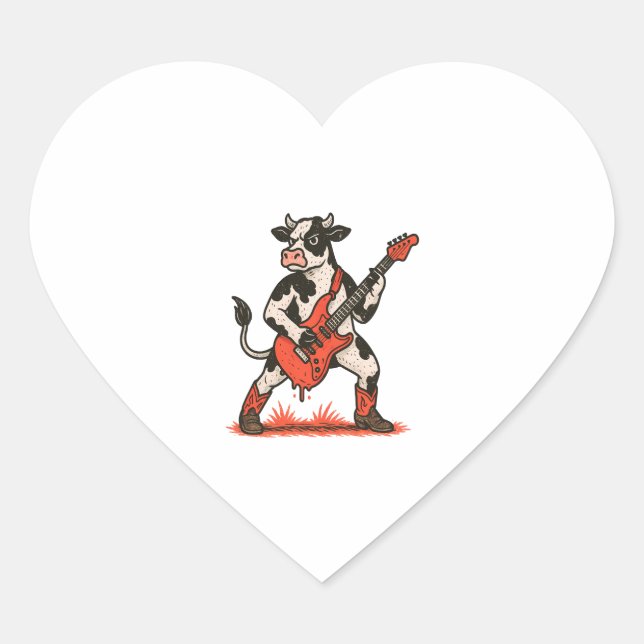 Rocker Cow PNG, Cow Playing Guitar Heart Sticker (Front)