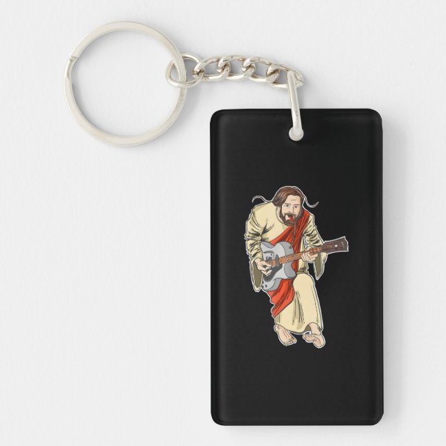 Rocker Jesus with Guitar funny Rockstar Jesus Key Ring (Front)