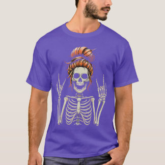 Rocker Messy Bun Skeleton Cool Halloween Punk Rock T-Shirt