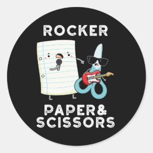 Rocker Paper And Scissors Funny Game Pun Dark BG Classic Round Sticker