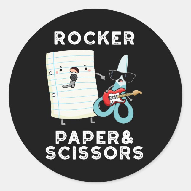 Rocker Paper And Scissors Funny Game Pun Dark BG Classic Round Sticker (Front)