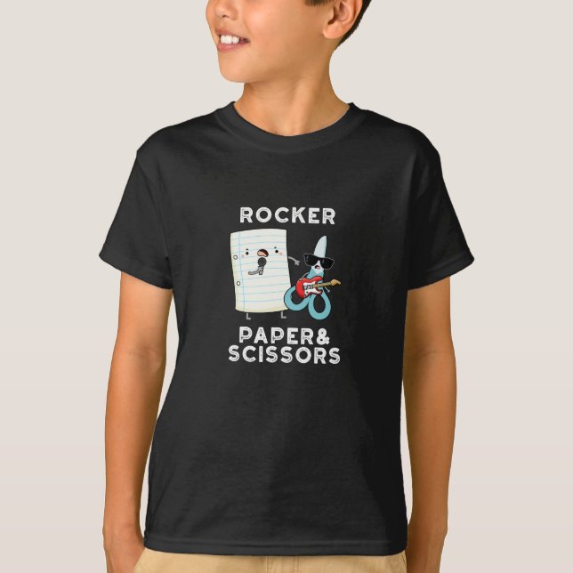 Rocker Paper And Scissors Funny Game Pun Dark BG T-Shirt (Front)