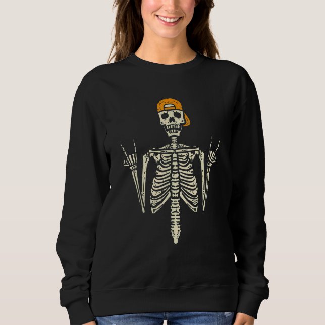 Rocker Skater Skeleton Cap Cool Halloween Punk Men Sweatshirt (Front)