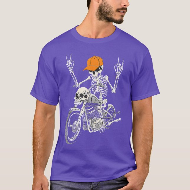 Rocker Skeleton on Motorcycle Cool Halloween Punk  T-Shirt (Front)