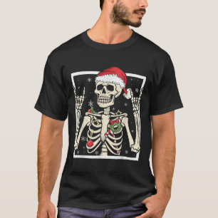 Rocker Skeleton Santa Hat Cool Christmas Punk Rock T-Shirt