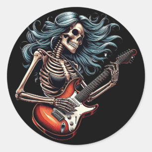 Rocker Skeleton woman playing guitar Dark art Classic Round Sticker