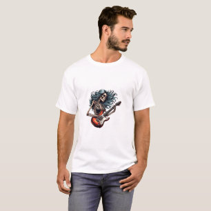 Rocker Skeleton woman playing guitar Dark art T-Shirt