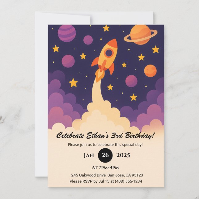  Rocket Adventure & Purple Galaxy Birthday  Invitation (Front)
