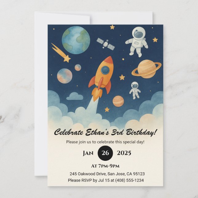 Rocket and Astronaut Space Adventure Birthday  Invitation (Front)