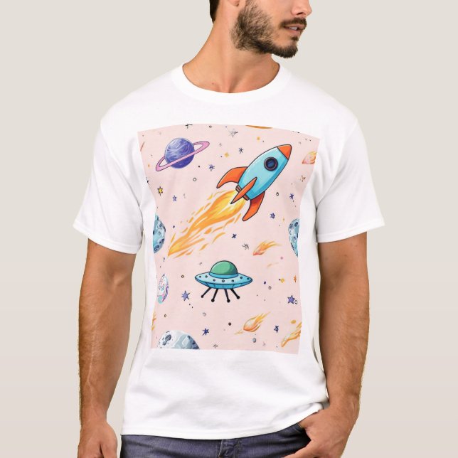 Rocket and UFO Space Pattern | Planets, Stars, and T-Shirt (Front)