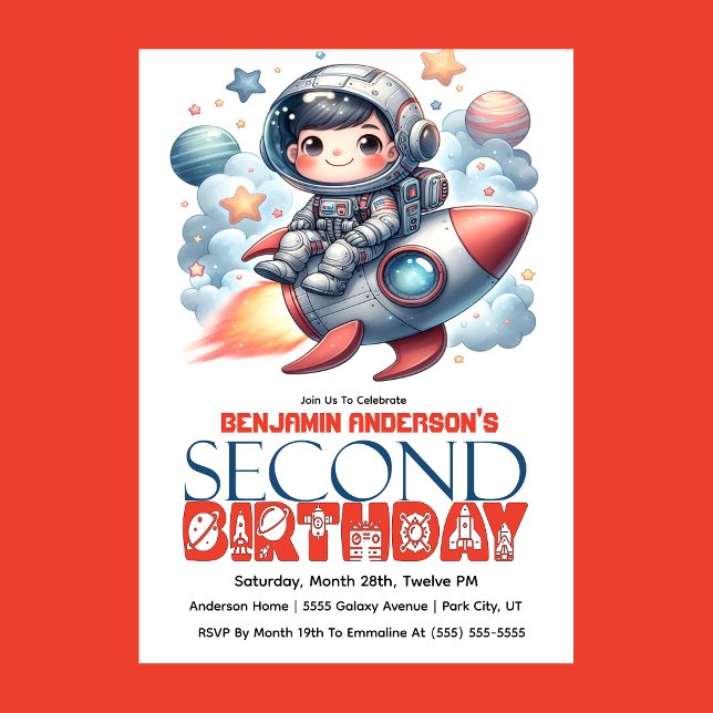 Rocket Astronaut Boy's 2nd Birthday Invitation (Space astronaut boy riding rocket 2nd birthday party invitation with planets and stars
)
