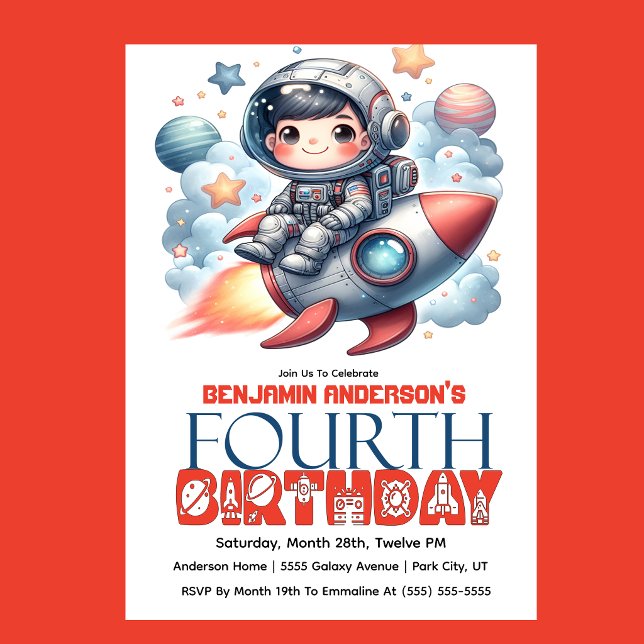 Rocket Astronaut Boy's 4rd Birthday Invitation (Space astronaut boy riding rocket 4th birthday party invitation with planets and stars
)