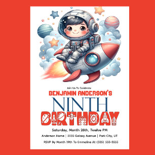Rocket Astronaut Boy's 9th Birthday Invitation