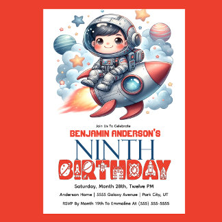 Rocket Astronaut Boy's 9th Birthday Invitation