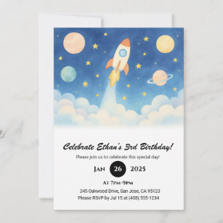 Rocket Blast-Off & Starry Galaxy Birthday  Invitation