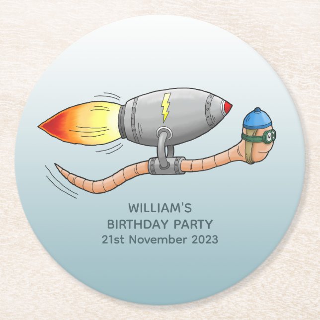 Rocket Earthworm Round Paper Coaster (Front)